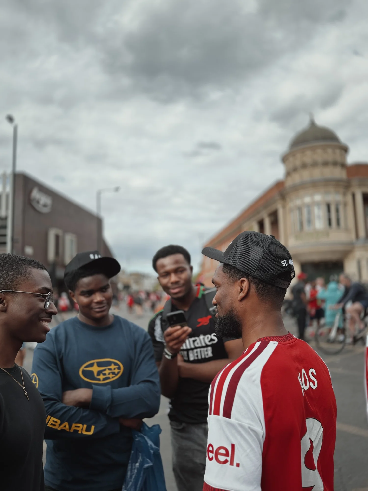 Friends gathered in the street